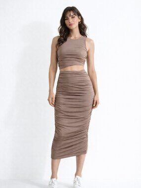 Dynamite Brown Cut Out Ruched Bodycon Shiny Midi Dress Size Small